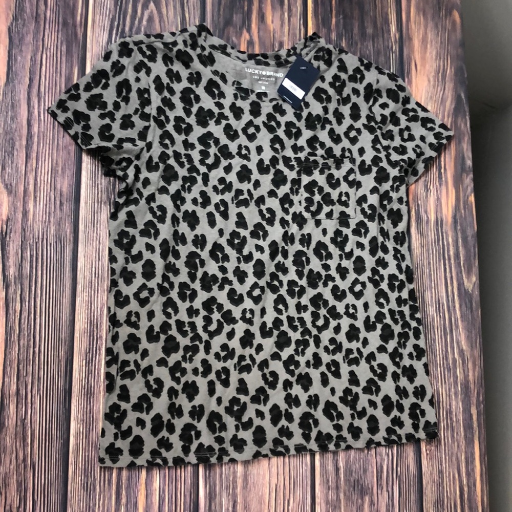 Lucky Brand Black and Gray Leopard Print Short Sleeve Tee